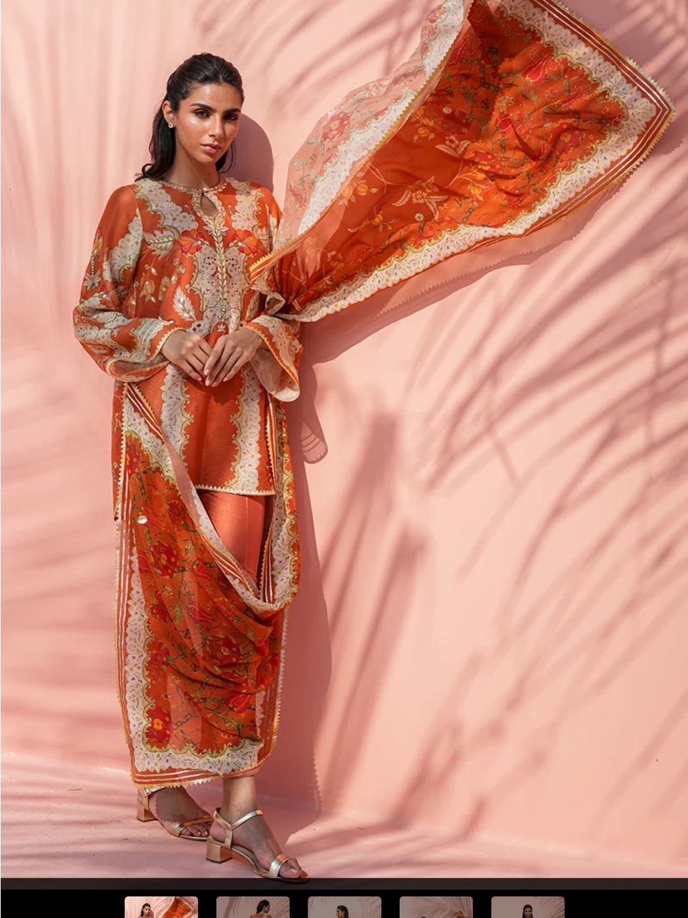 Long Sleeve Orange Printed Maxi Dress with Scarf